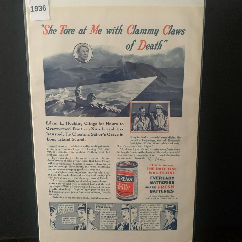 Vintage 1936 Eveready She Tore at Me With Clammy Claws Ad Advertisement